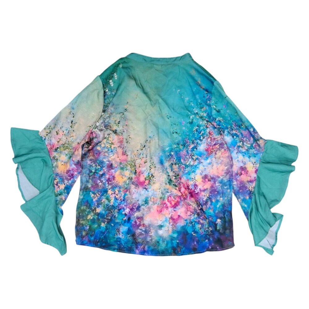 Plus Size 2X Vibrant Watercolor Floral Ruffle Bell Sleeve V-Neck Blouse - Picture 2 of 5